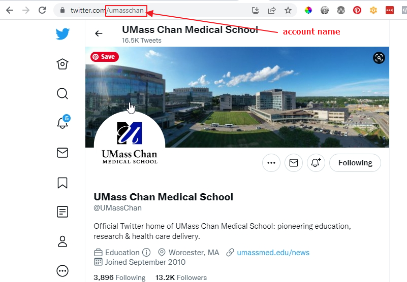 screen shot of twitter page for UMass Chan