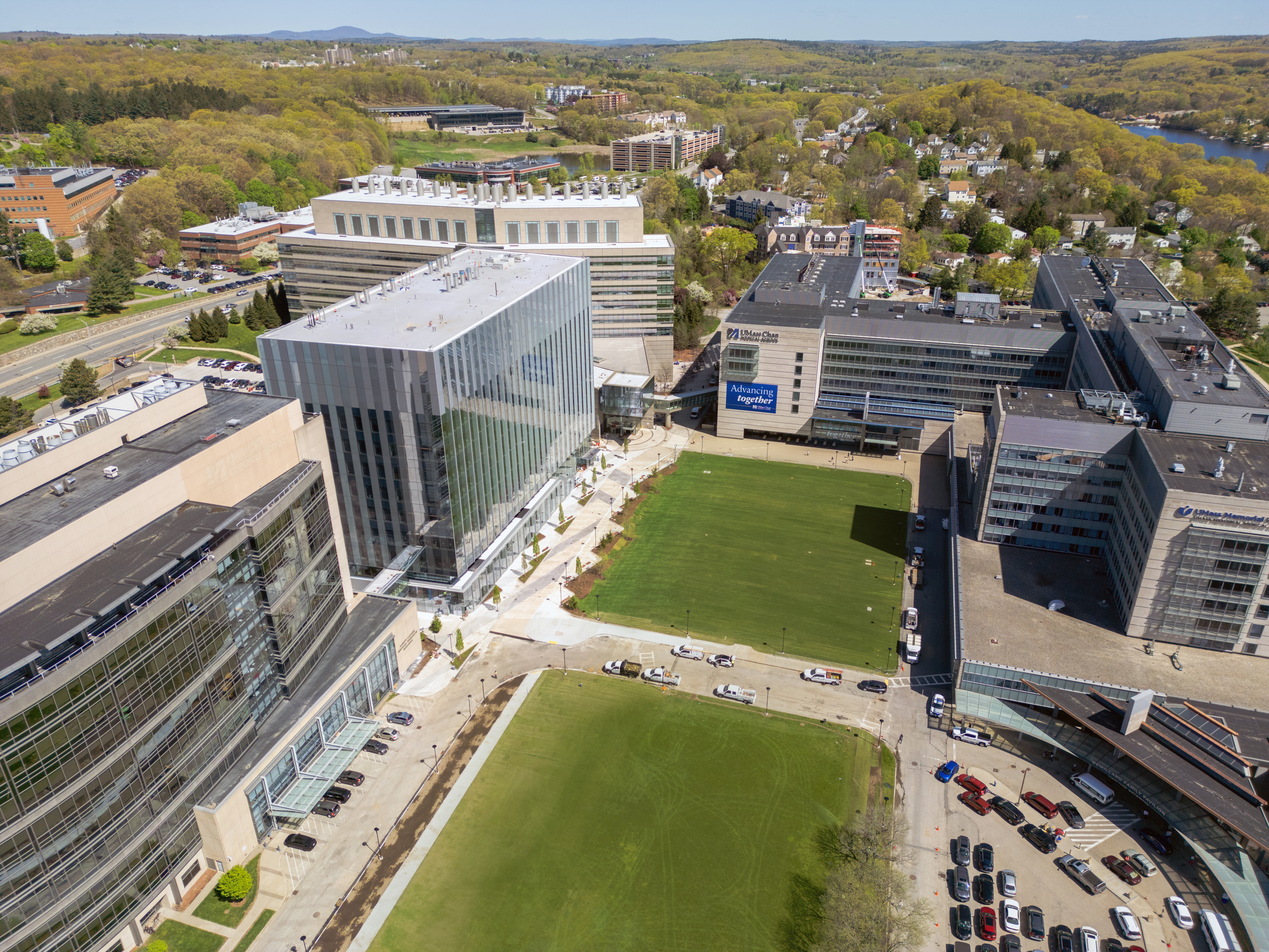 A drone image of the UMass University campus